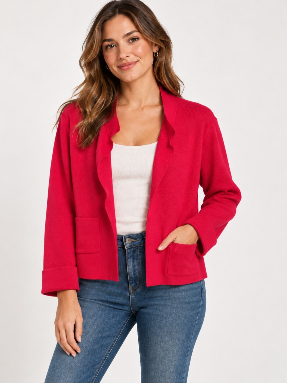Zara Open-Front Sweater Blazer - Bright Red